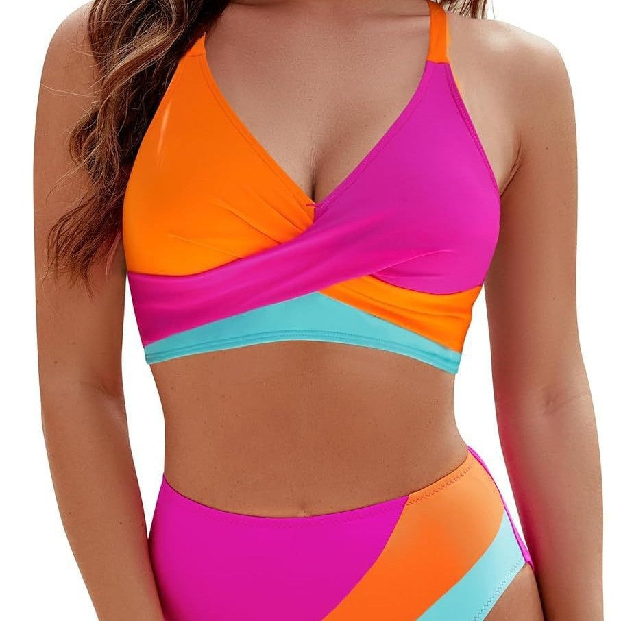 Wholesale Contrast Color 2-Piece Strappy Cross Bra Swimsuit